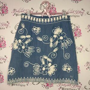 River woods skirt corset lace up tie ribbon embroidered floral flowers denim